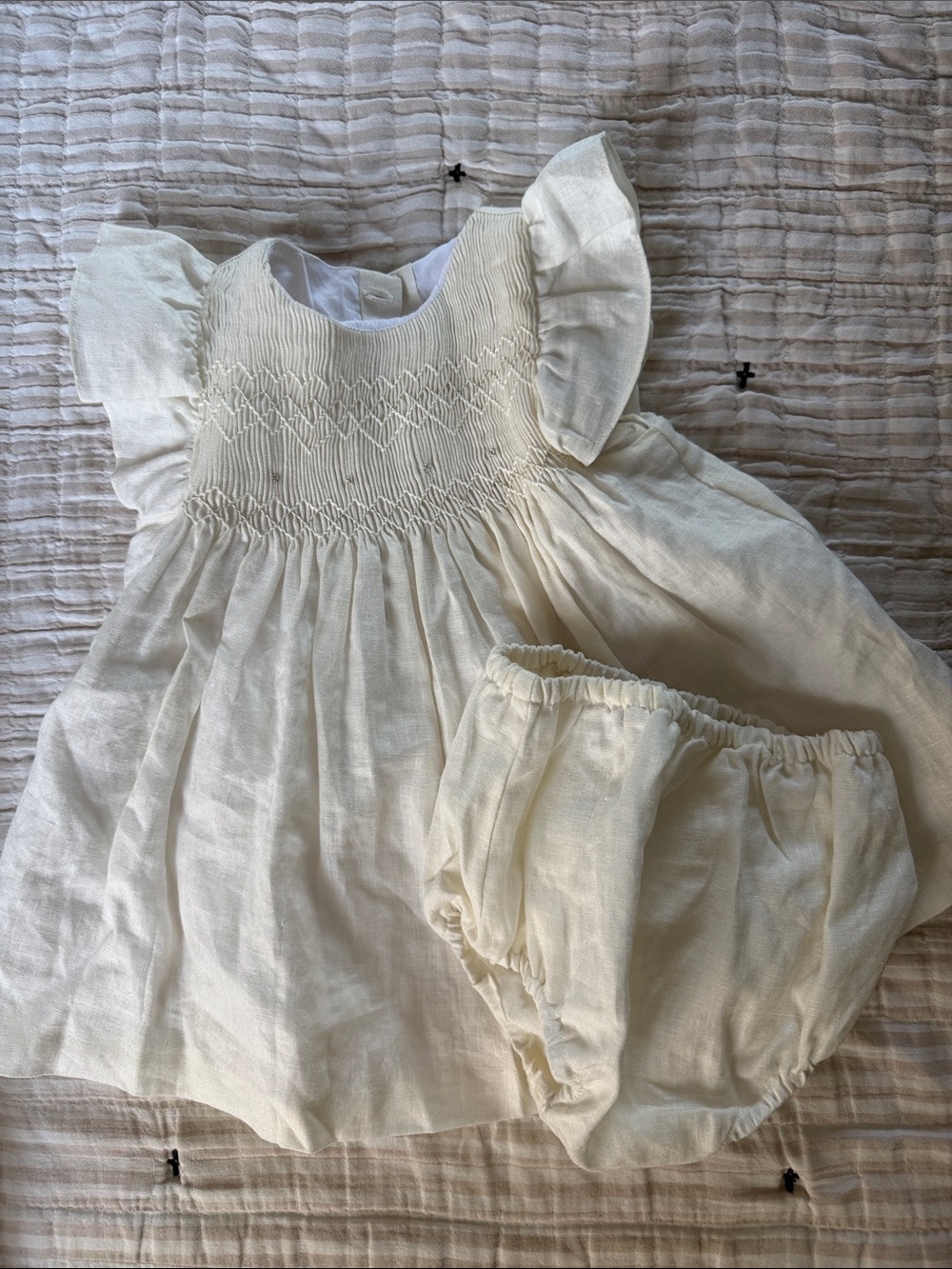 Jacadi Cream Smocked Dress with Ruffled Shoulders